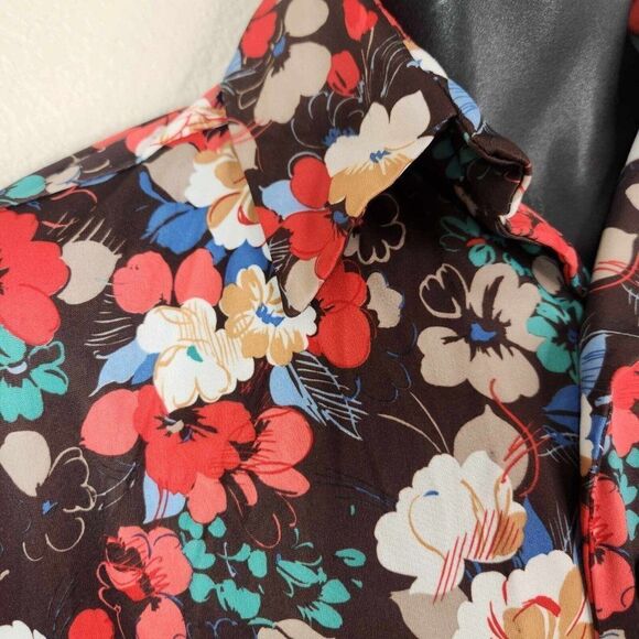 Vintage 70s Button Up Shirt Mens Size M Red Brown Floral Polyester Dagger Collar - Picture 5 of 8